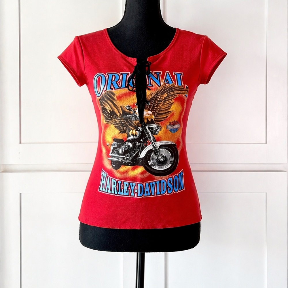 Harley Davidson Red Biker Top with Lace up Front and Graphic print